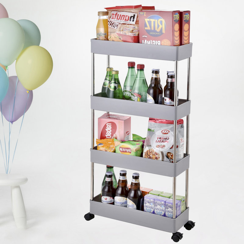 4-Tier Slim Storage Cart Mobile Shelving Unit Rolling Cart with Handle, Grey