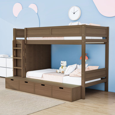 4 Drawers Twin Over Twin Bunk Bed with Built-in Wardrobe,Guardrails and Ladder