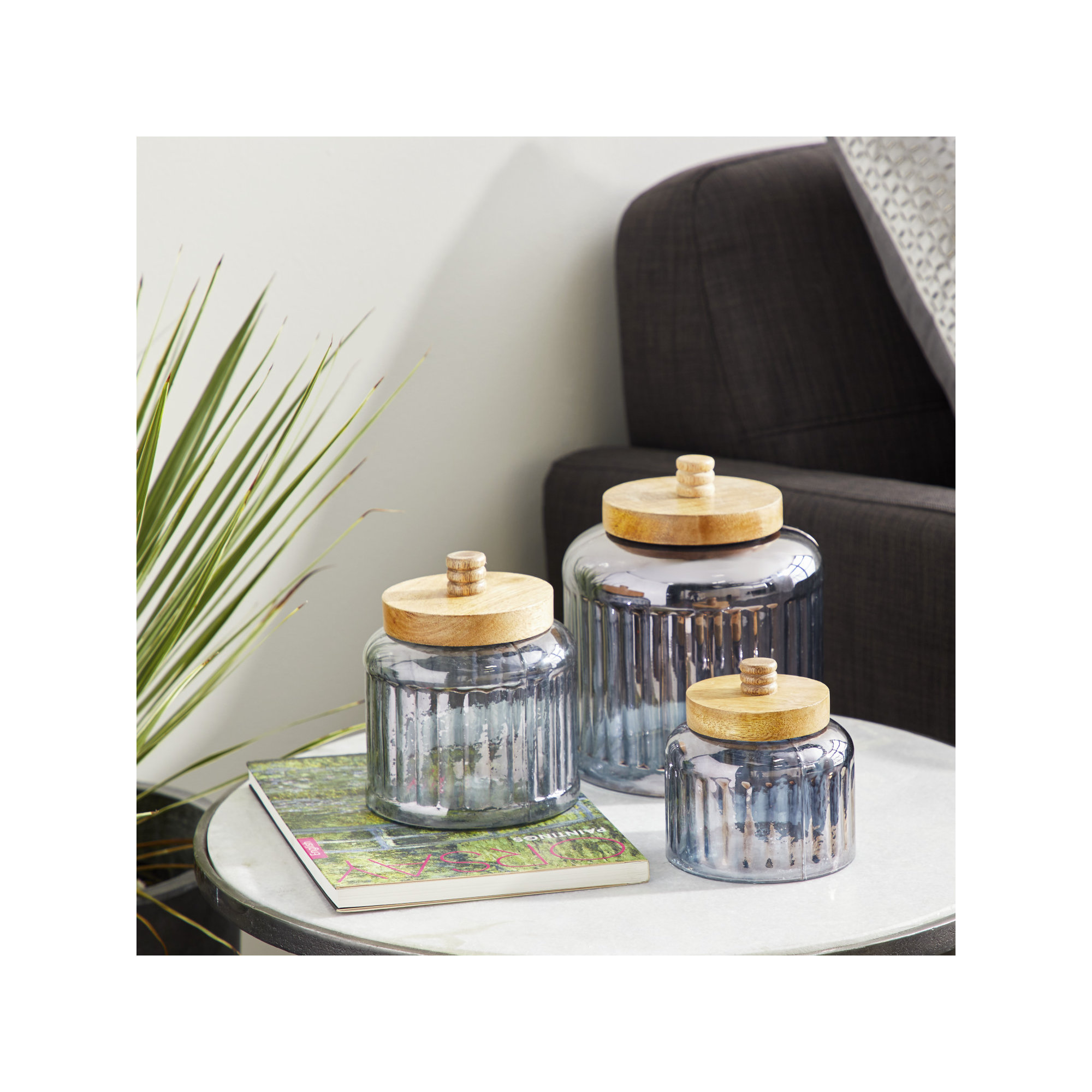Mabank Glass Decorative Jars with Wood Lids Set, 5" H x 5" W x 5" D, Gray