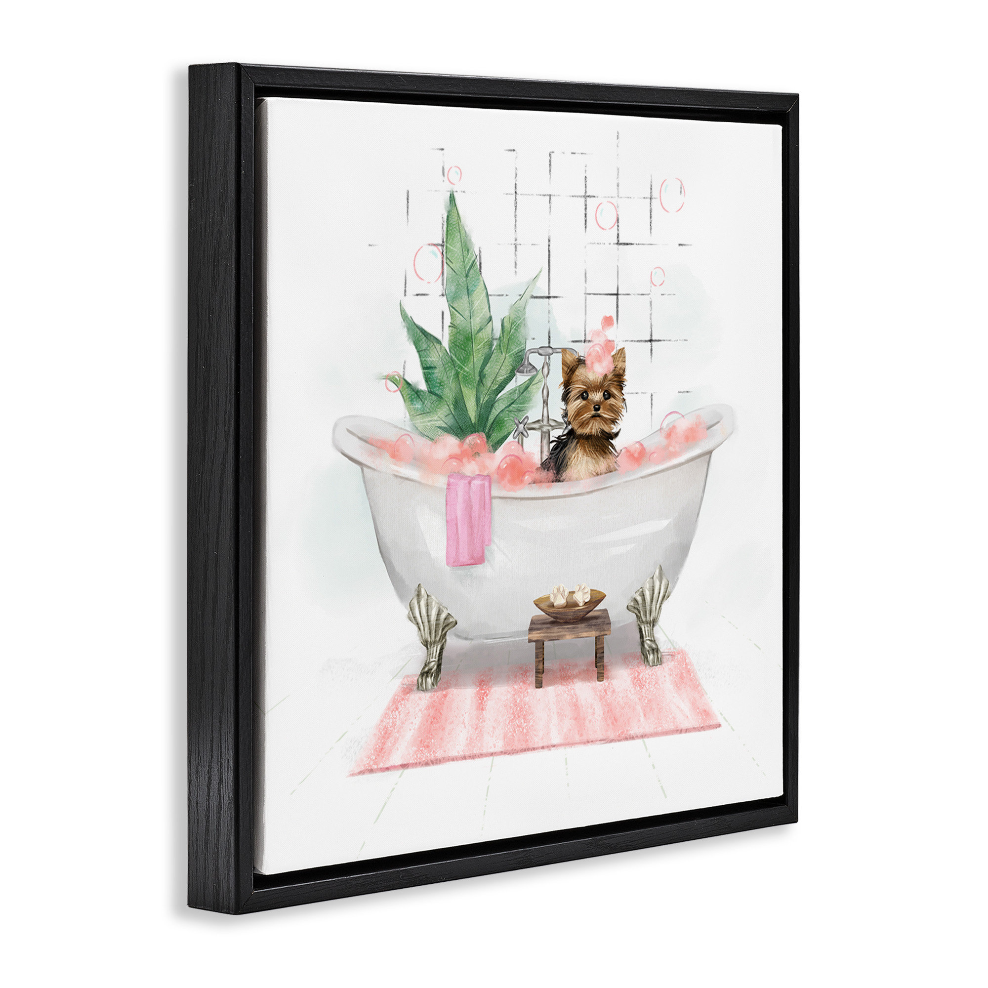 Trinx Chic Yorkie Dog in Bubble Bath Framed Floater Canvas Wall Art by ...