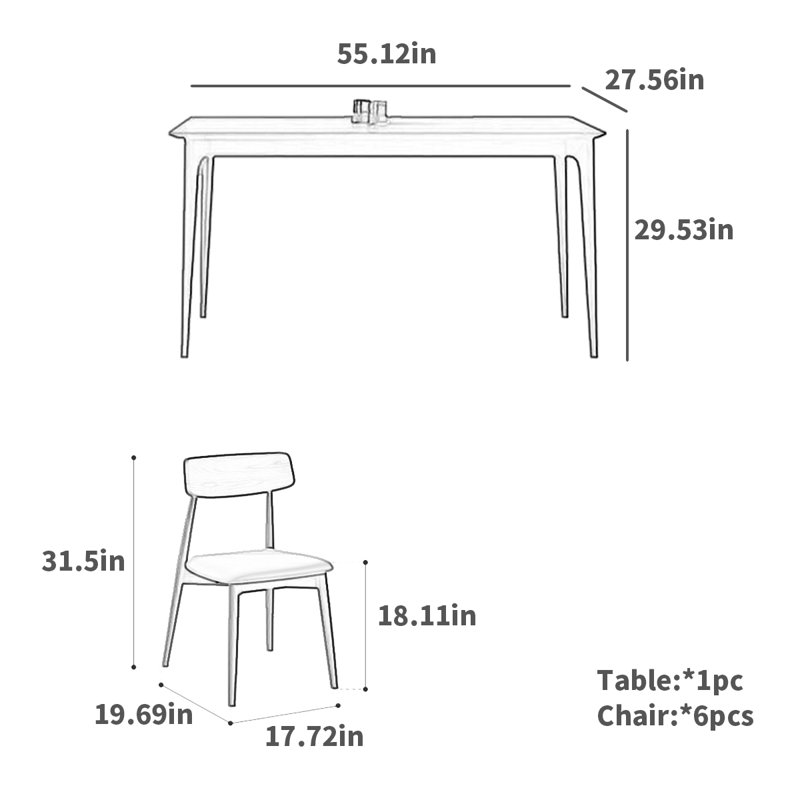 6 - Person Four Leg Dining Set, 29.53"H x 55.12"L x 27.56"W