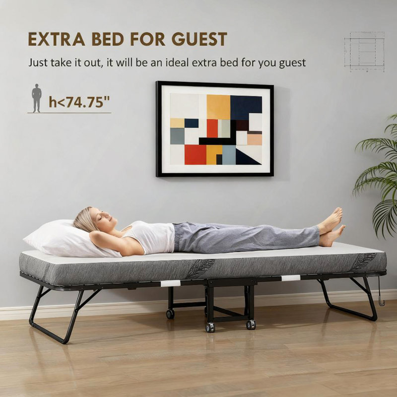 Lit pliant avec matelas, taille unique, lit pliable portatif avec matelas en mousse à mémoire de forme et structure en acier