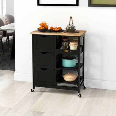 Chariot à roulettes pour îlot de cuisine noir, plateau en bois avec options de rangement, 3 tiroirs, 2 tablettes, plateau amovible et 360 roulettes pivotantes pour la salle à manger à domicile