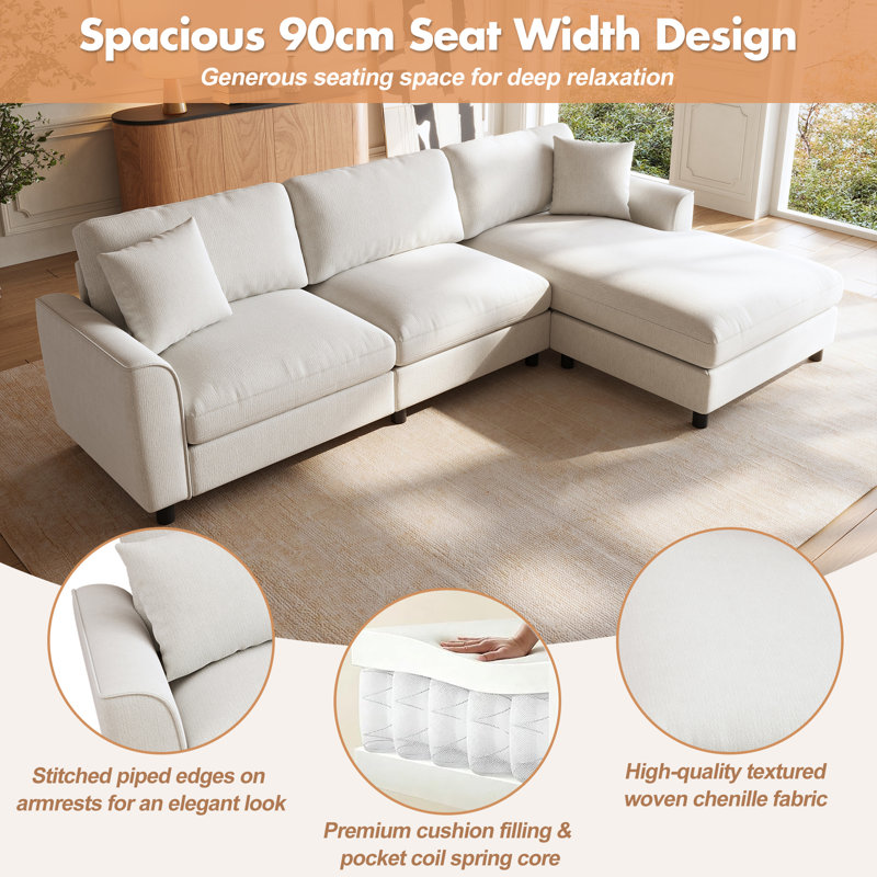 3 Seater Corner Sectional, Beige Chenille