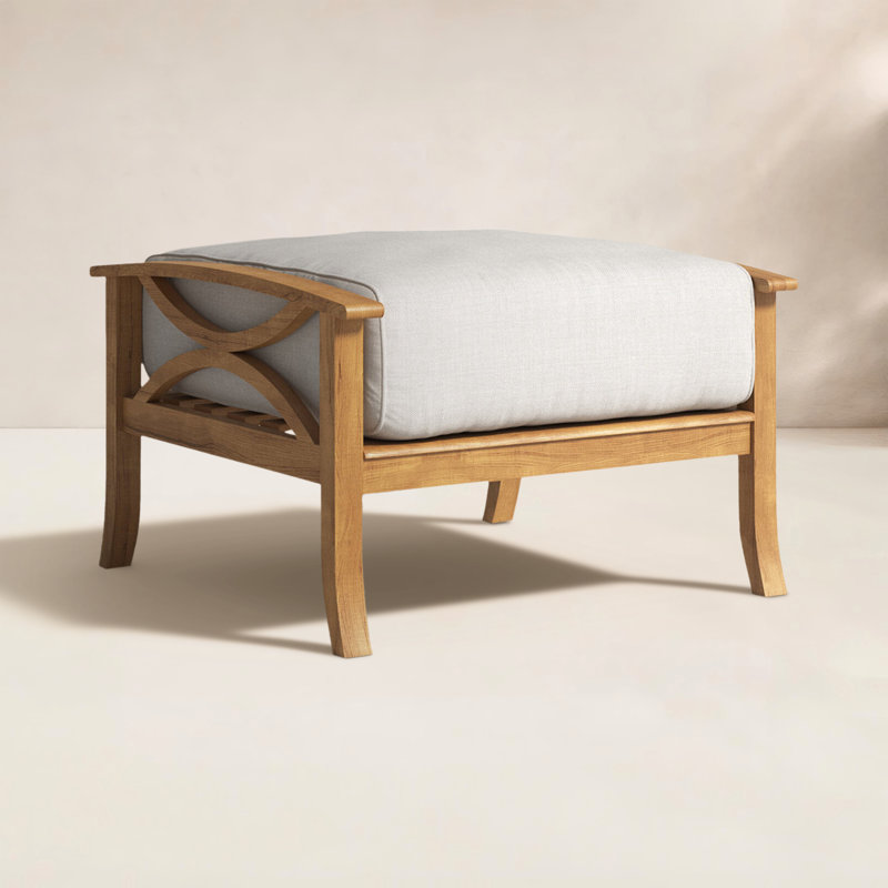 Repose-pieds d'extérieur en teck avec coussin Brunswick, Beige, Naturel