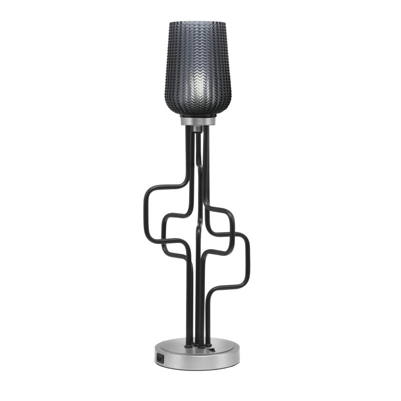 Lampe décorative Amarmula, avec ports USB, noir mat et finition graphite, verre texturé fumé de 5 po, Argent argent