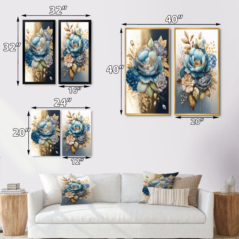 «Bouquet de fleurs mélangées bleu et or III», 2 pièces sur toile, Encadrement brun, H 20 po x l 24 po