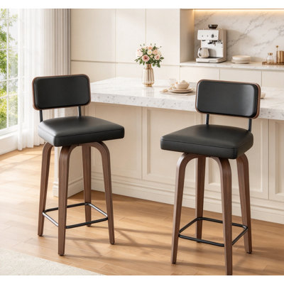 Ensemble de 2 tabourets de bar pivotants à hauteur de comptoir, en similicuir avec dossier et pieds en noyer, grands tabourets rembourrés pour comptoir de cuisine