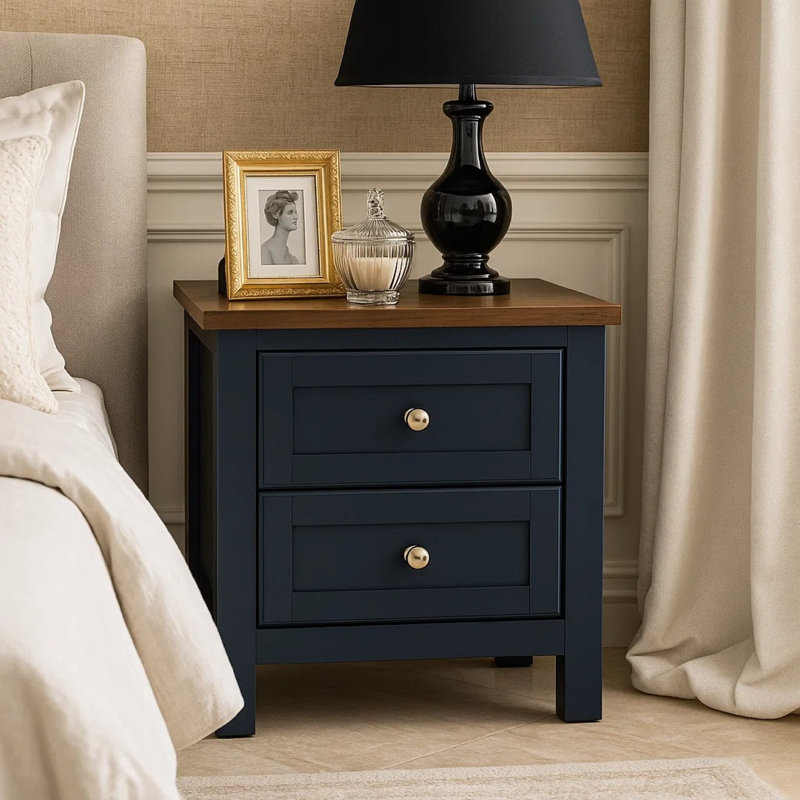 Table de chevet Docken, 2 tiroirs, style Shaker, bleu ardoise et brun clair