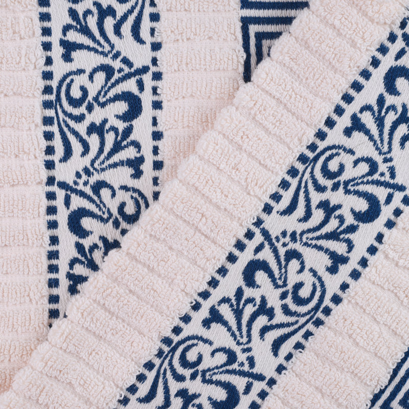 Ivory and Navy Cotton Towel Set with Greek Key Trim