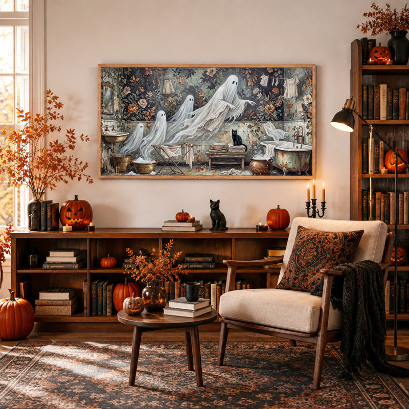 Trois fantômes blancs dans une salle de bain vintage - Toile murale d'Halloween