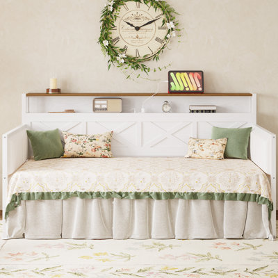 Daybed With Trundle,Twin Day Bed With X-Shaped Frame And Charging Station,White/Walnut by Gracie Oaks