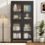 Armoire en métal noir avec 4 tablettes et portes en verre trempé - autoportante pour le bureau, le salon, la cuisine