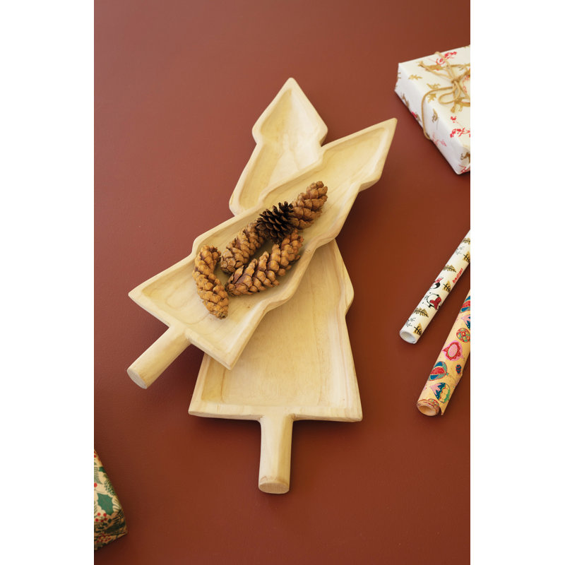 SET OF TWO CARVED WOODEN CHRISTMAS TREE PLATTERS