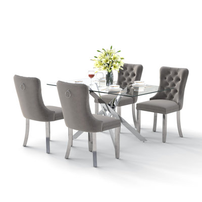 Ensemble de table de salle à manger rectangulaire en verre trempé, table de salle à manger de luxe avec chaise de salle à manger en velours capitonné