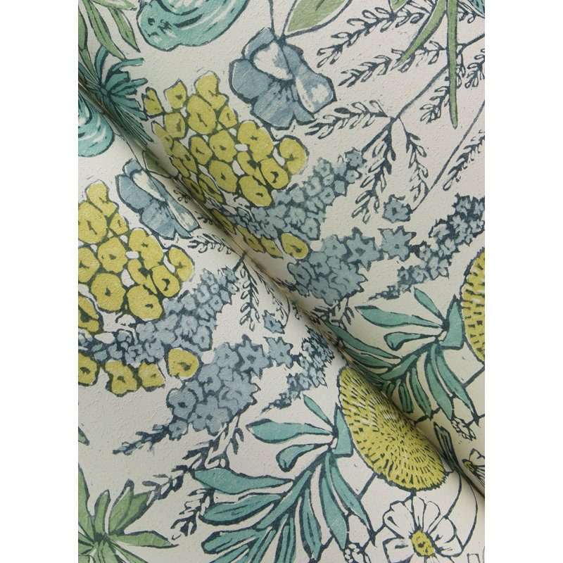 Papier peint chardonneret turquoise oiseaux et fleurs, Bleu clair