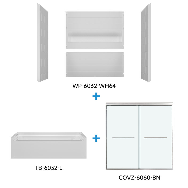 WOODBRIDGE 60" x 32" Alcove Soaking Bathtub and 4-Piece Direct-to-Stud Surround with Left Drain, including 56–60" Double Sliding Tub Door, Clear Tempered Glass in Brushed Nickel Finish