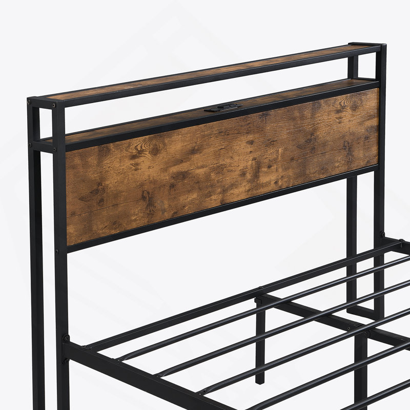 Base de lit plateforme en métal avec tête et pied de lit en bois, lit de rangement avec port USB, station de charge, 2 tiroirs