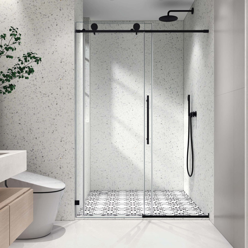 Une porte de douche fixe et une porte décalée sans cadre, grandes poulies en acier inoxydable avec fonction de fermeture en douceur réglable