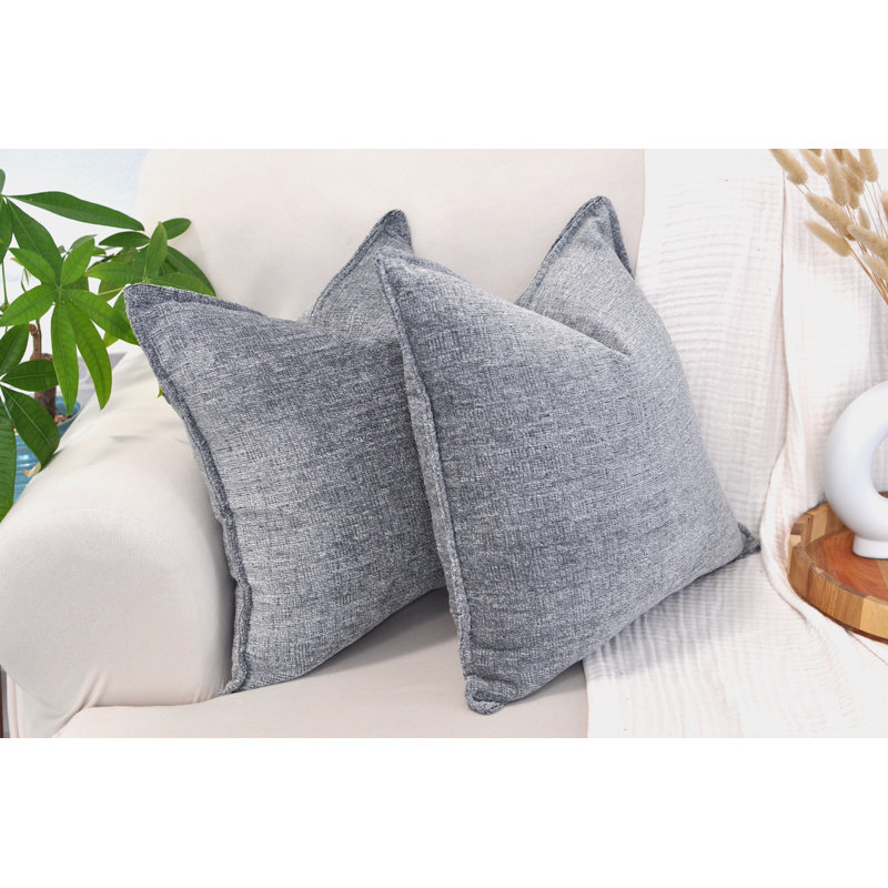 Gray Chenille Square Throw Pillow Covers with Piped Edges, Set of 2