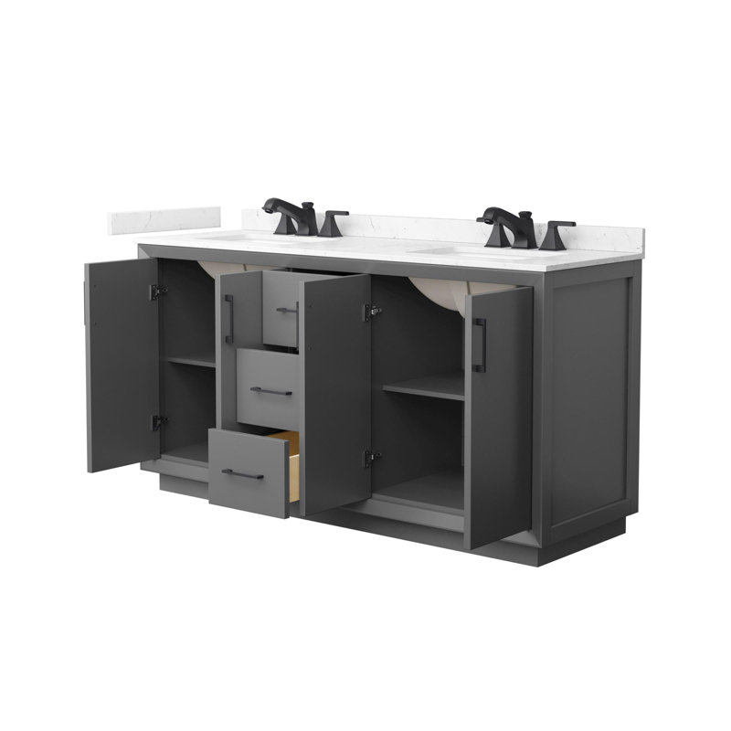 Strada 66" Freestanding Double Bathroom Vanity with Cultured Marble Top, Gray, Matte Black