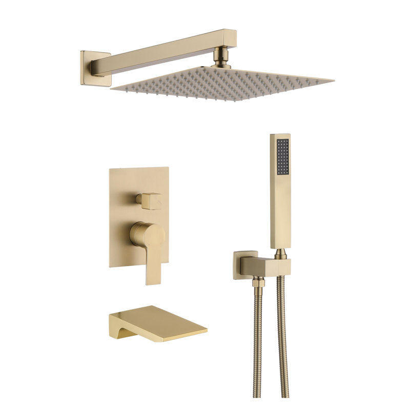 Luxury 12 Inch Rain Shower Head with Handheld - Brushed Gold 3-Function Mixer Shower Combo Set with Anti-Scald Valve, Wall Mounted Stainless Steel Shower System