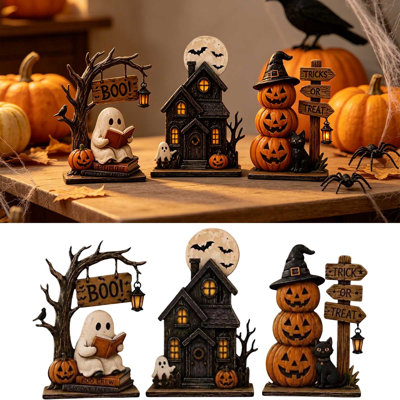 Halloween Decor Halloween Wooden Tabletop Decorations 3-Piece Set Ideal For Indoor Home Parties Shelves And Mantelpieces.