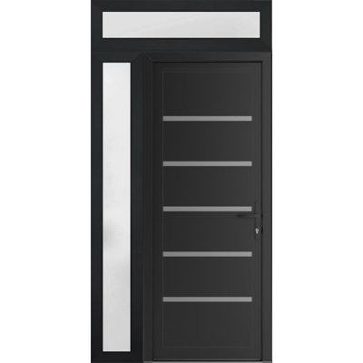 Porte d'entrée extérieure prémontée en PVC-U, modèle Manux 8415, noir mat, avec imposte et panneau latéral. Convient aux bureaux, aux commerces et aux habitations. Dimensions : 44 x 94 po (L 32 + 12 po x H 80 + 14 po). Ouverture à gauche vers l'intérieur.