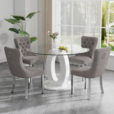 Ensemble de table de salle à manger haute brillance ronde avec 4 chaises de salle à manger en velours