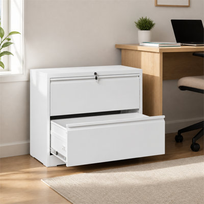 Classeur latéral métallique à 2 tiroirs, 90 cm de large, avec système de verrouillage anti-basculement, robuste et en acier, compatible avec les formats Lettre, Légal et A4, idéal pour un bureau à domicile.
