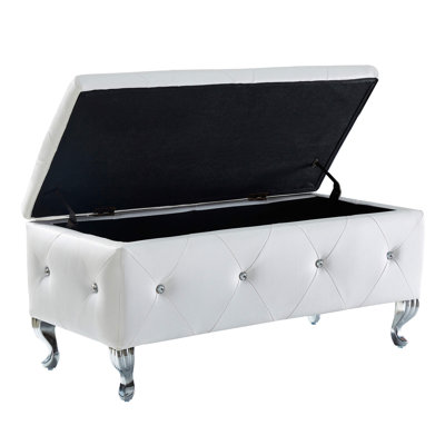 Upholstered Storage Ottoman Bench For Bedroom End Of Bed Faux Leather Rectangular Storage Benches Footrest With Crystal Buttons For Living Room Entryway (White)