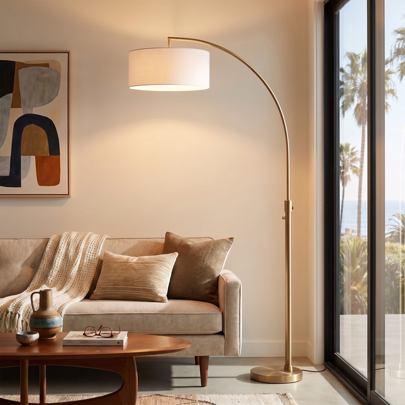 Float 75"H Chairside Arc Lamp, Drum White Linen Shade, Weathered Brass, Dimmable, Bulb Included