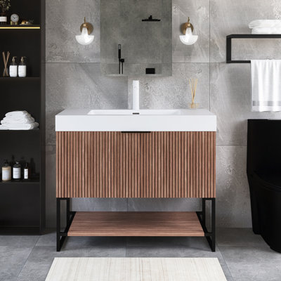 36 po W Meuble-lavabo autoportant en noyer avec lavabo blanc