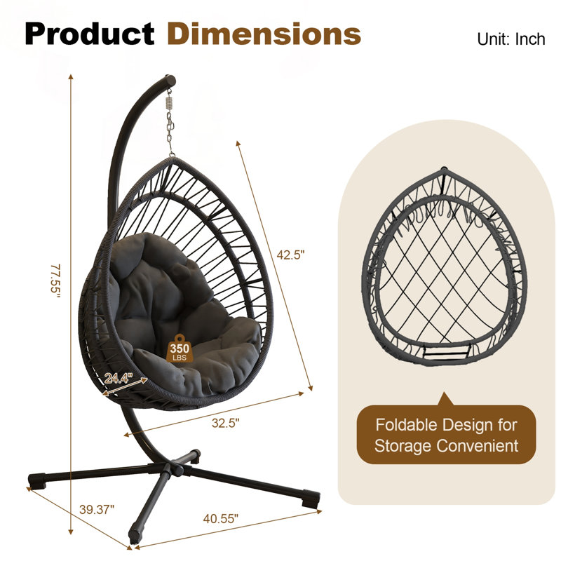 Fauteuil suspendu d'extérieur confortable en forme d'œuf avec support, lin, pour patio et intérieur, Gris, Noir