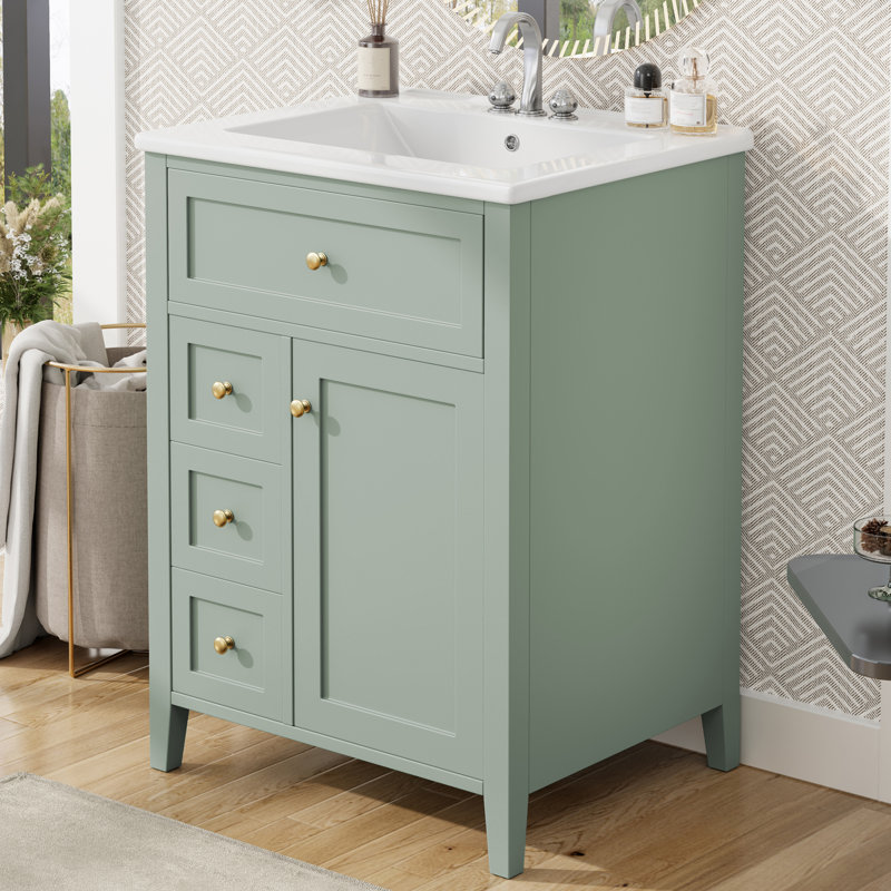 24'' Freestanding Bathroom Vanity With Ceramic Top, Green