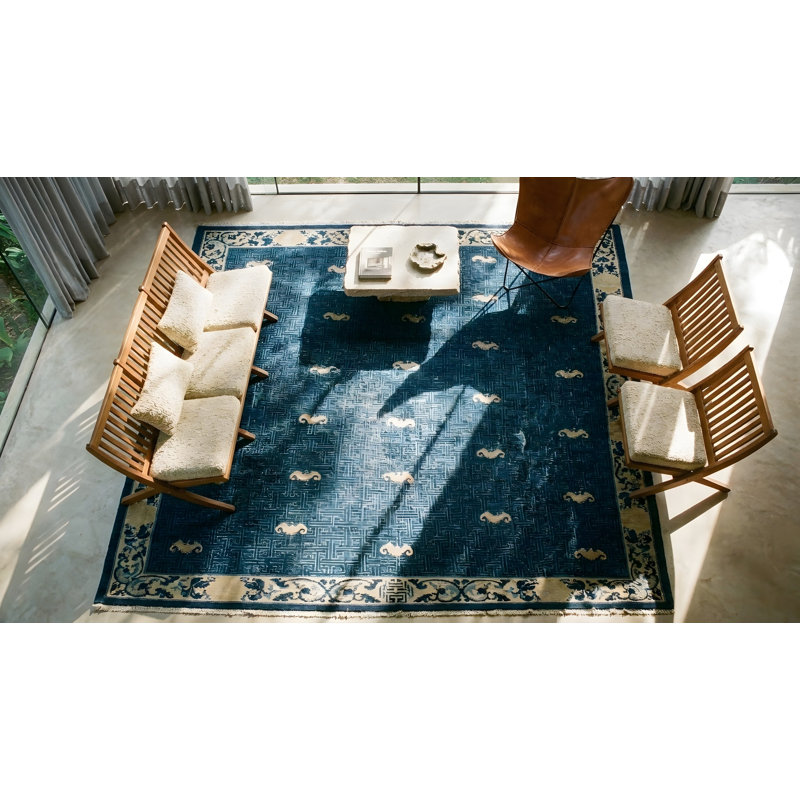 Blue Antique 1880s Allover Geometric Hand Knotted Pile Wool Rectangle Rug