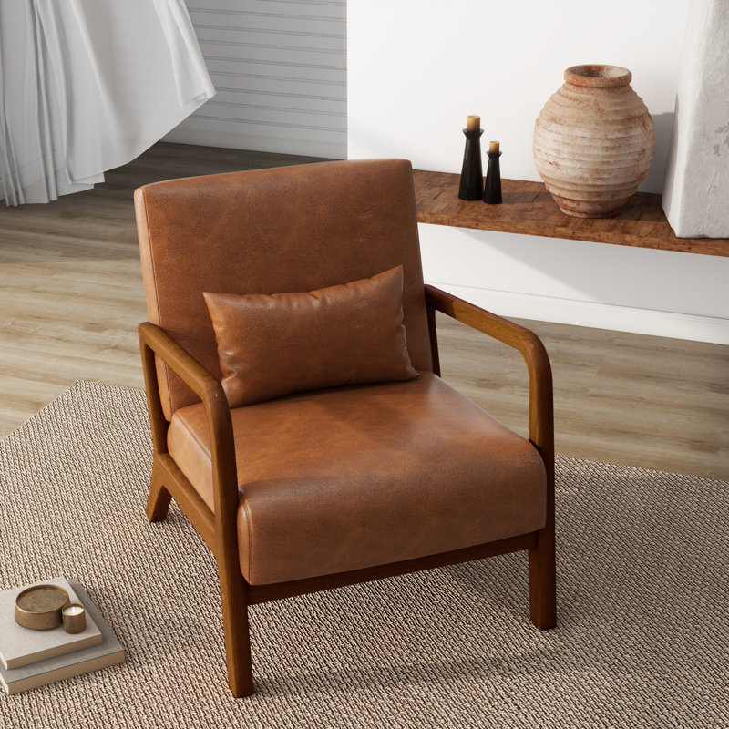 Jyrin 64.5Cm Wide Armchair, Dark Brown Wood, Chanton Light Brown Faux Leather