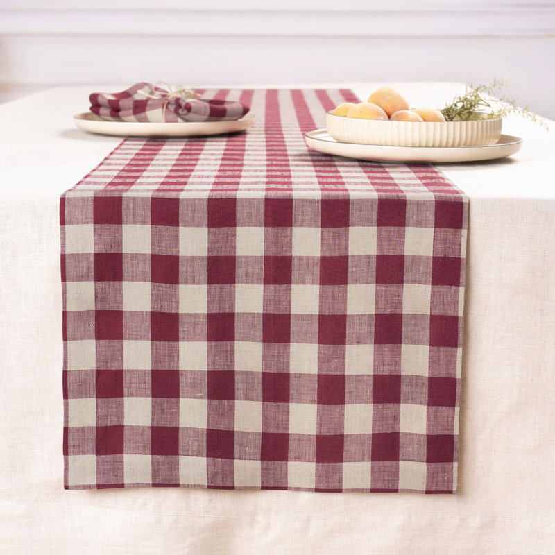 Morgan Check - 100% Pure Linen Table Runner, 108" x 14", Burgundy/Natural