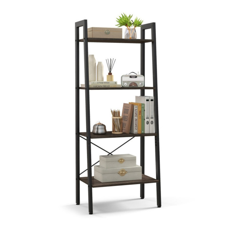  54.5'' H X 22'' W 4-Tier Ladder Bookshelf Industrial Wooden Bookcase with Metal Frame, Gray Oak