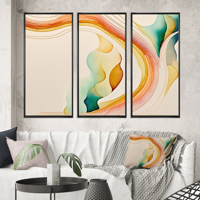 Ensemble de 3 impressions multicolores à vagues abstraites IV, Cadre noir, H 28 po x l 36 po x P 1 po