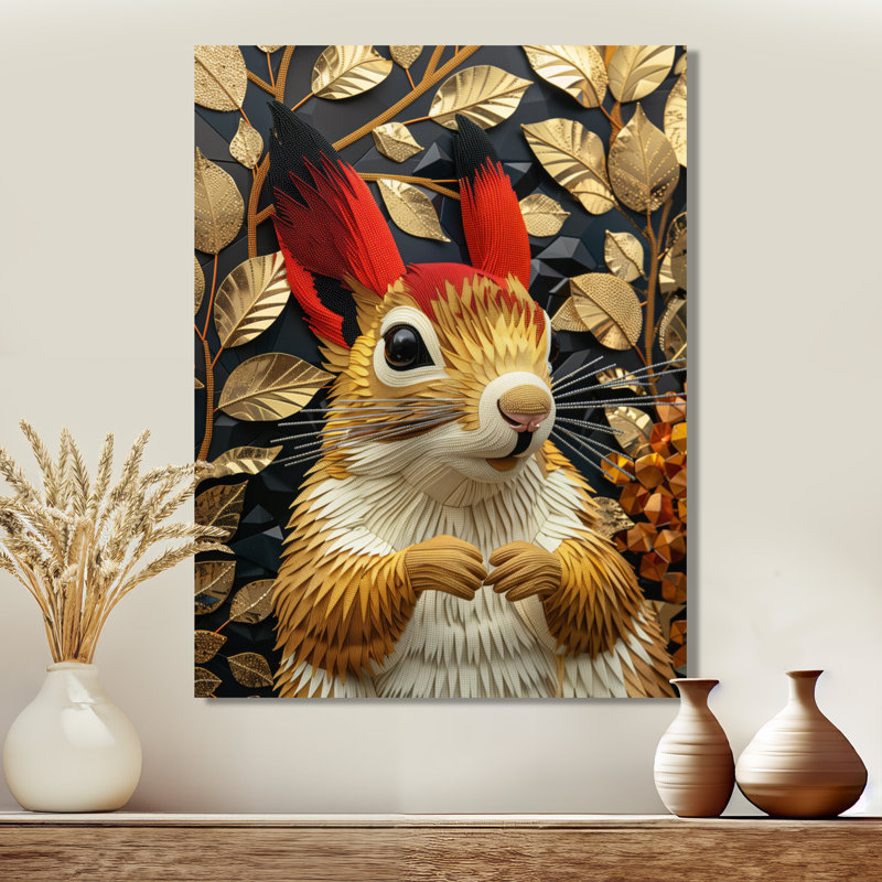 Écureuil roux, or, art déco, Toile tendue, H 32 po x l 16 po x P 1 po