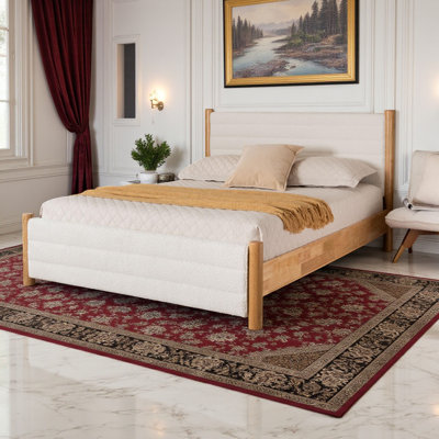 Milligan Queen Bed With Cream Boucle and Oak Brown Wood, 40.96'' H X 64.27'' W X 86.35'' L