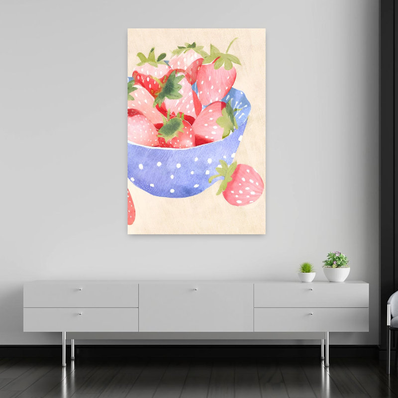 «Fresh Strawberry Bowl», art mural rustique contemporain, H 60 po x l 40 po