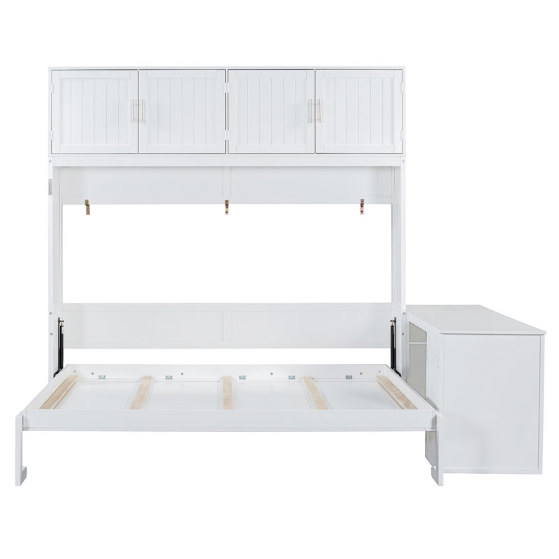 Grand lit escamotable mural avec bureau, tablettes de rangement et grands armoires - Lit de chambre blanc peu encombrant