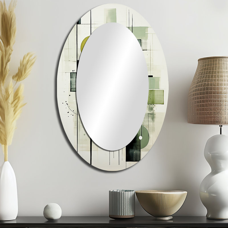 Olive Orbits Abstract Shapes - Green Oval Wall Mirror Decor, 36" x 24"
