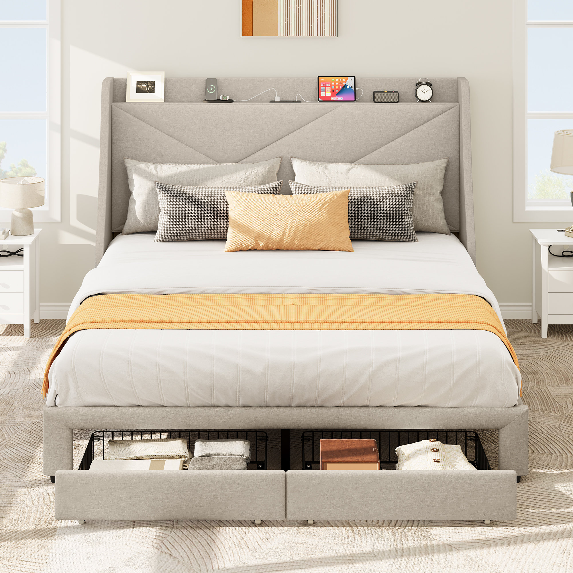 Latitude Run® Genevi Upholstered Storage Bed with Built-in Outlets ...