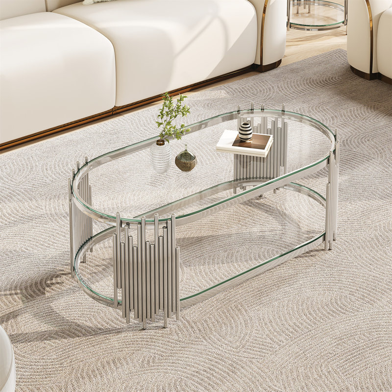 Table basse ovale avec tablettes en verre trempé à 2 niveaux, Clear / Silver