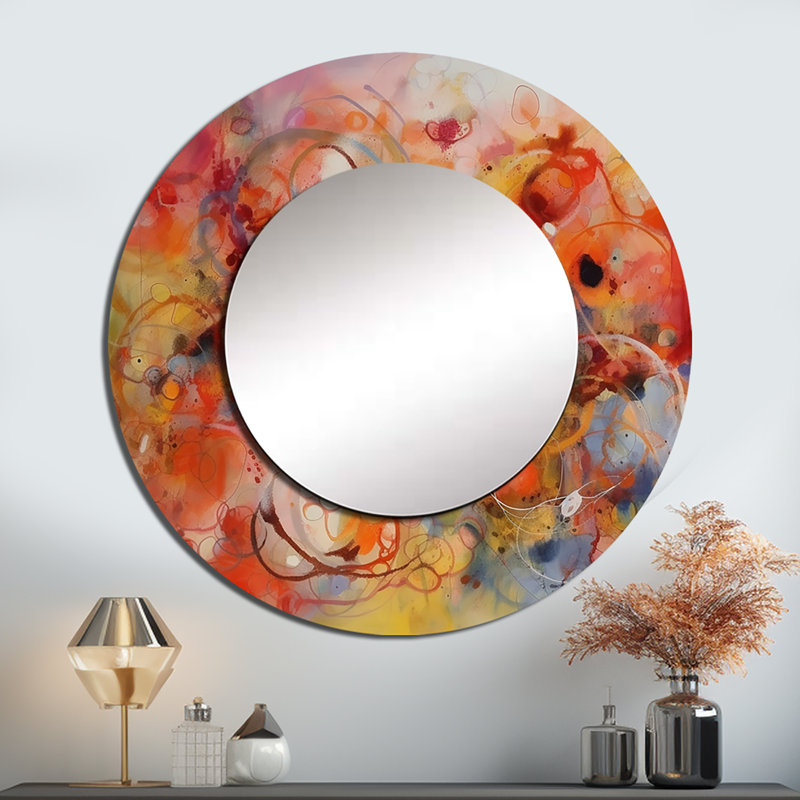 Orlan orange rouge marbré Dreamscape II - miroir mural décoratif géométrique, miroir rond orange, impression d'art en métal