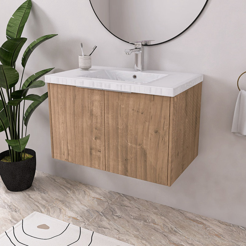 Meuble-lavabo simple avec plateau en résine Walthourville, Chêne