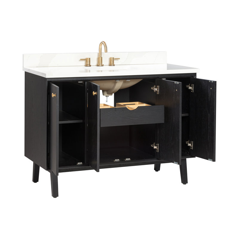 Ensemble de meuble-lavabo simple autoportant 48 po avec plateau en quartz Adele, Noir, Or